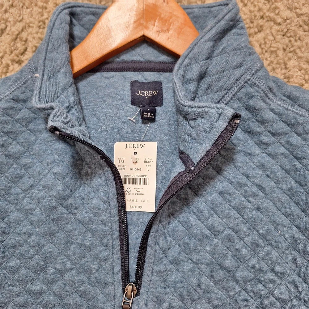 NWT J.CREW Men's Diamond Quilted Half-Zip Pullover Sweater Blue Size Large